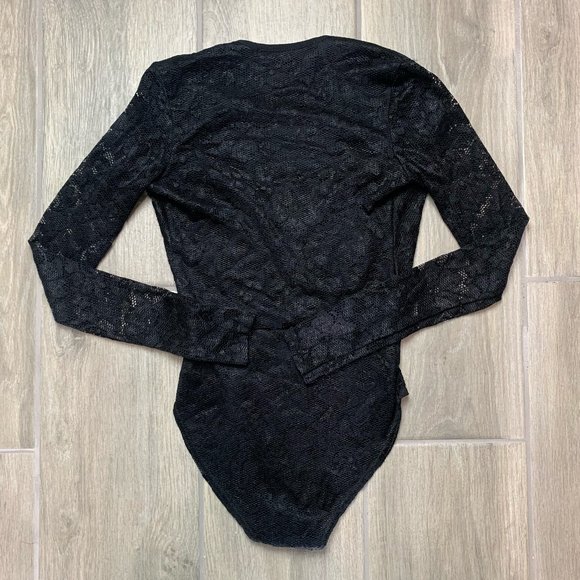 Boohoo Night V Neck Lace Bodysuit Leotard One Piece Long Sleeve Top Black Size 2 - Picture 2 of 6